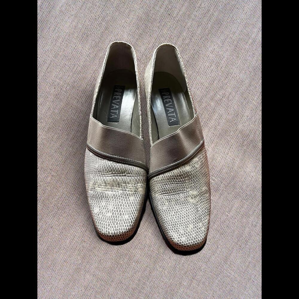 Prevata Tan and Snake Skin Vintage 8N square heeled pumps​​